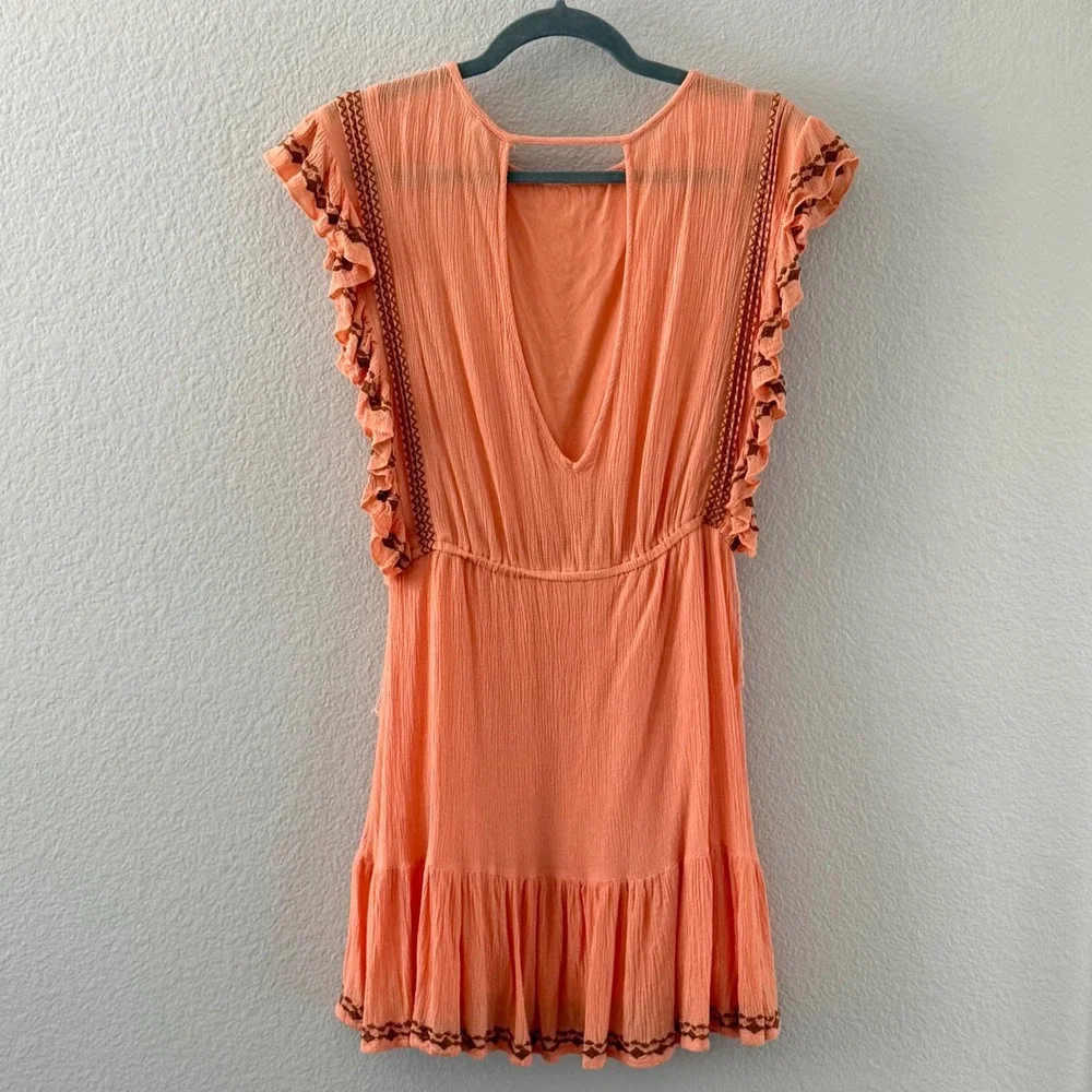Free People Coral Orange Embroidered Ruffle Gauze Mini Dress Boho Western Sz S